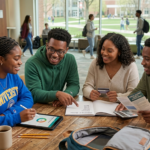 College students collaborating on a monthly financial plan in a library.