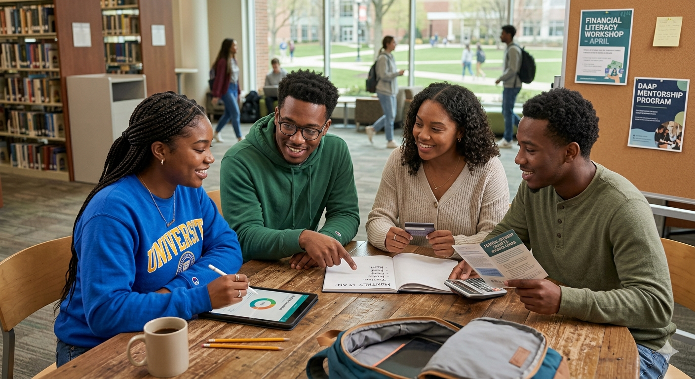 College students collaborating on a monthly financial plan in a library.