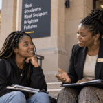 Black college students talking with a professor on campus and asking for academic support.