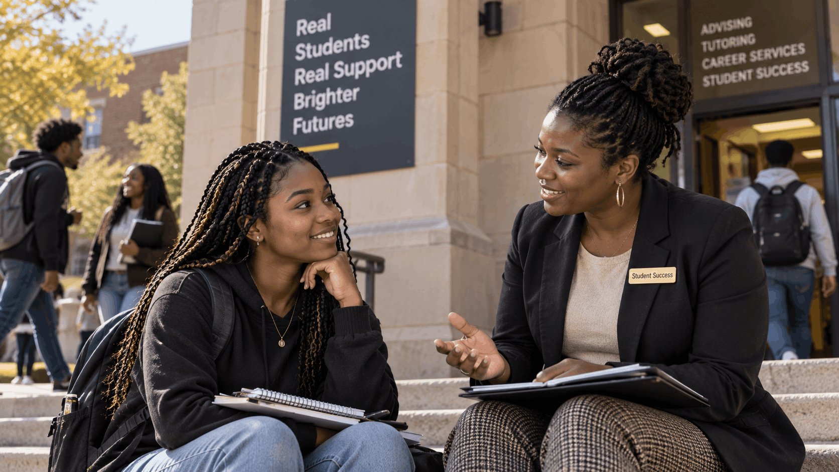 Black college students talking with a professor on campus and asking for academic support.