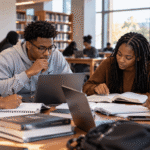 Black college students preparing for midterm exams together in a university study room with books, notebooks, and a laptop.