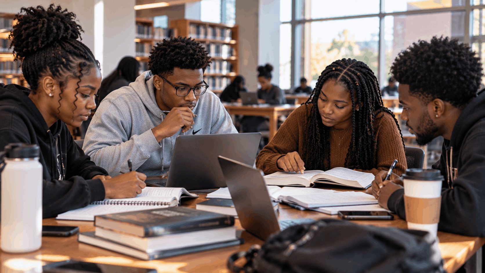 Black college students preparing for midterm exams together in a university study room with books, notebooks, and a laptop.